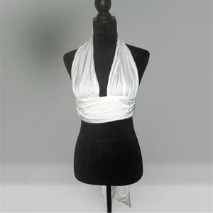 Zara White Ruched Plunge Halterneck Backless Tie Back Crop Top EUC